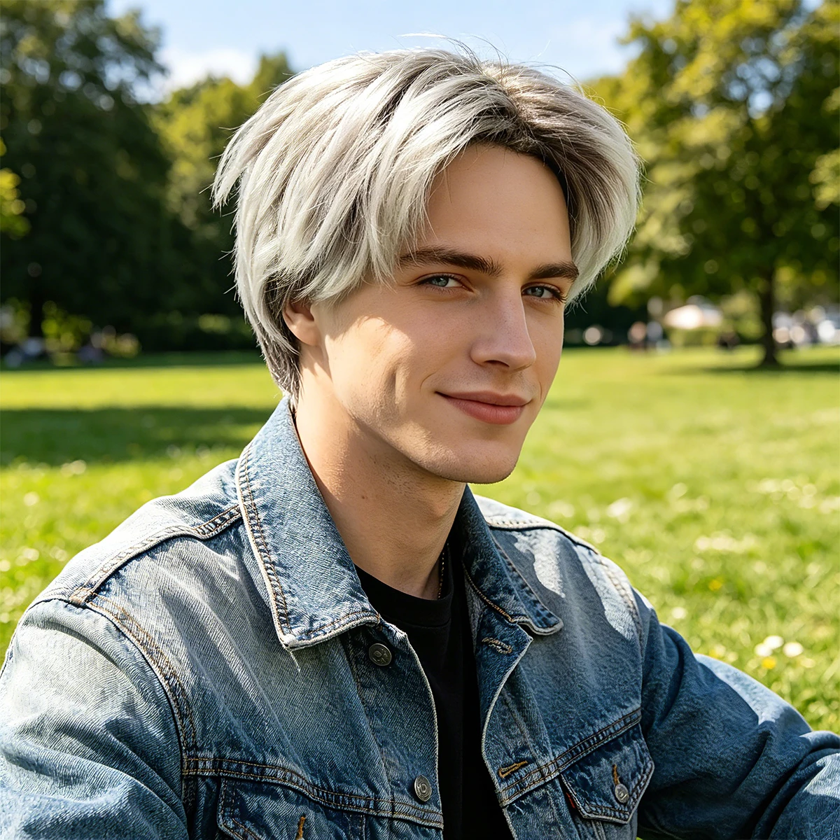 Gray White Highlight Men Short Synthetic Wig, Layered Tousled Hair for Cosplay Halloween and Daily Costume