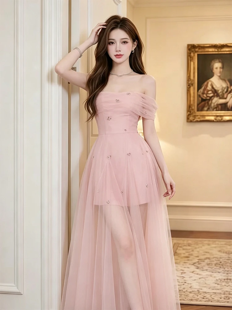 

Korean Style Pink One Shoulder Mesh Dress Women's Elegant Ladylike Super Fairy Tale Slimming Long Evening Gown