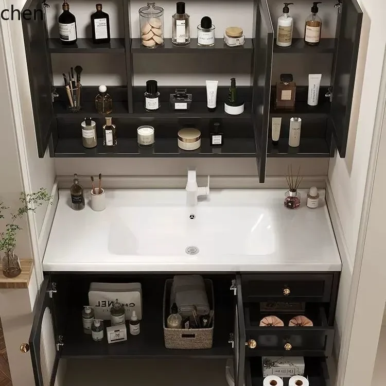 DSA French Vintage Bathroom Cabinet Set Smart Washstand Ceramic Integrated Washbasin Solid Wood Bathroom