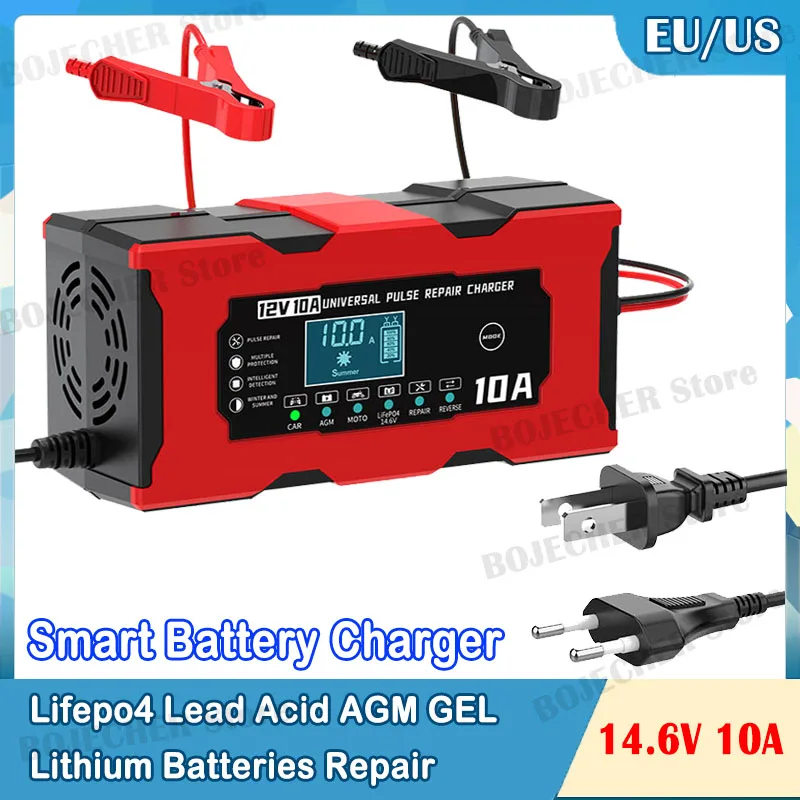 

12V 10A Car Battery Charger For Lifepo4 Lead Acid AGM GEL PB Lithium Battery Car Charger Pulse Repair Smart Charger LCD Display