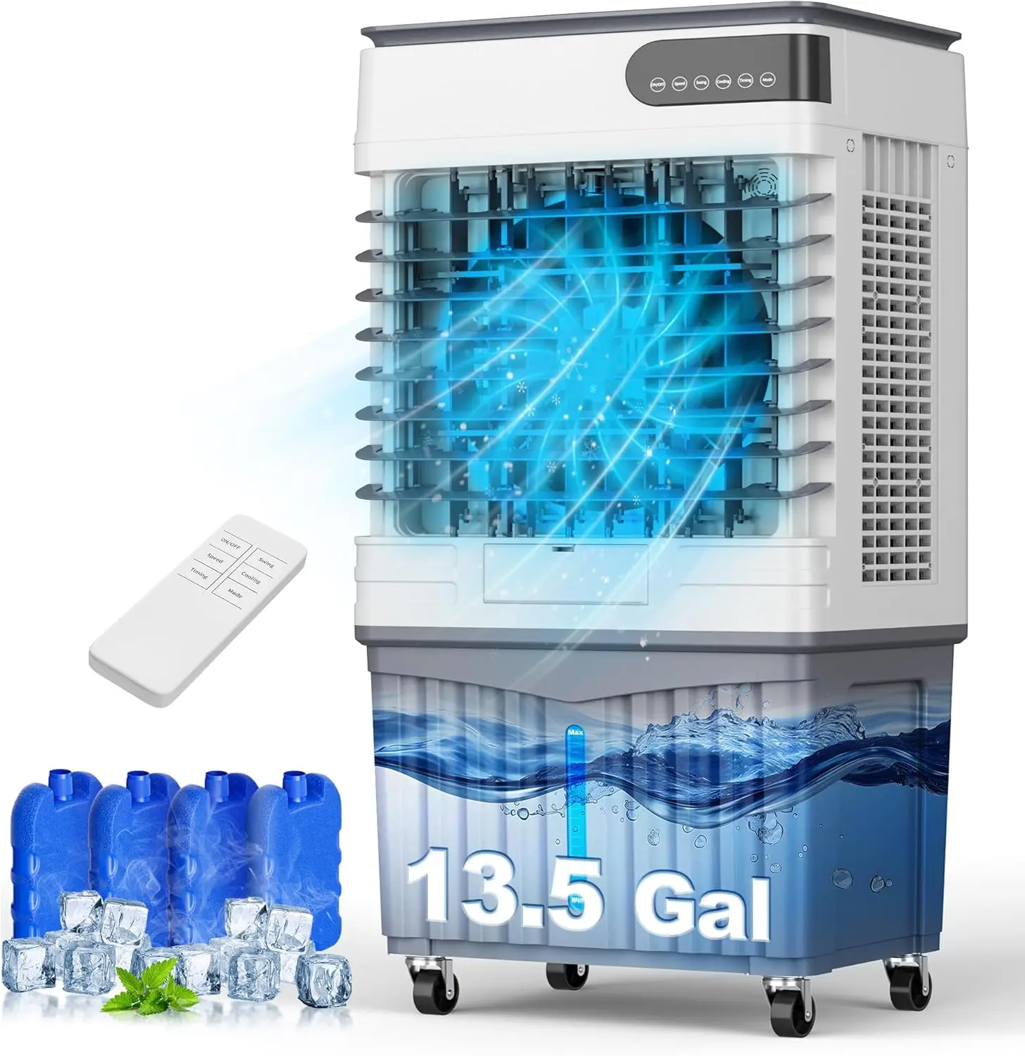 3400CFM Portable Evaporative Air Cooler, 4-in-1 Swamp Cooler with 13.5 Gal Water Tank, 4 Ice Packs, Remote Control, 12H Timer, 120° Oscillation, 3 Speeds & Modes, 36-Inch Cooling Fan for Indoor Bedroom