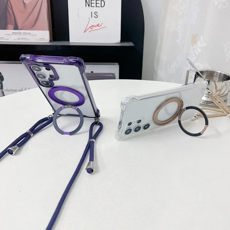 เคสโลหะแม่เหล็กพร้อมสายคล้องคอสำหรับ Samsung Galaxy A56 A36 A16 A55 A35 A15 S25 S24 S23 S22 Ultra Plus FE