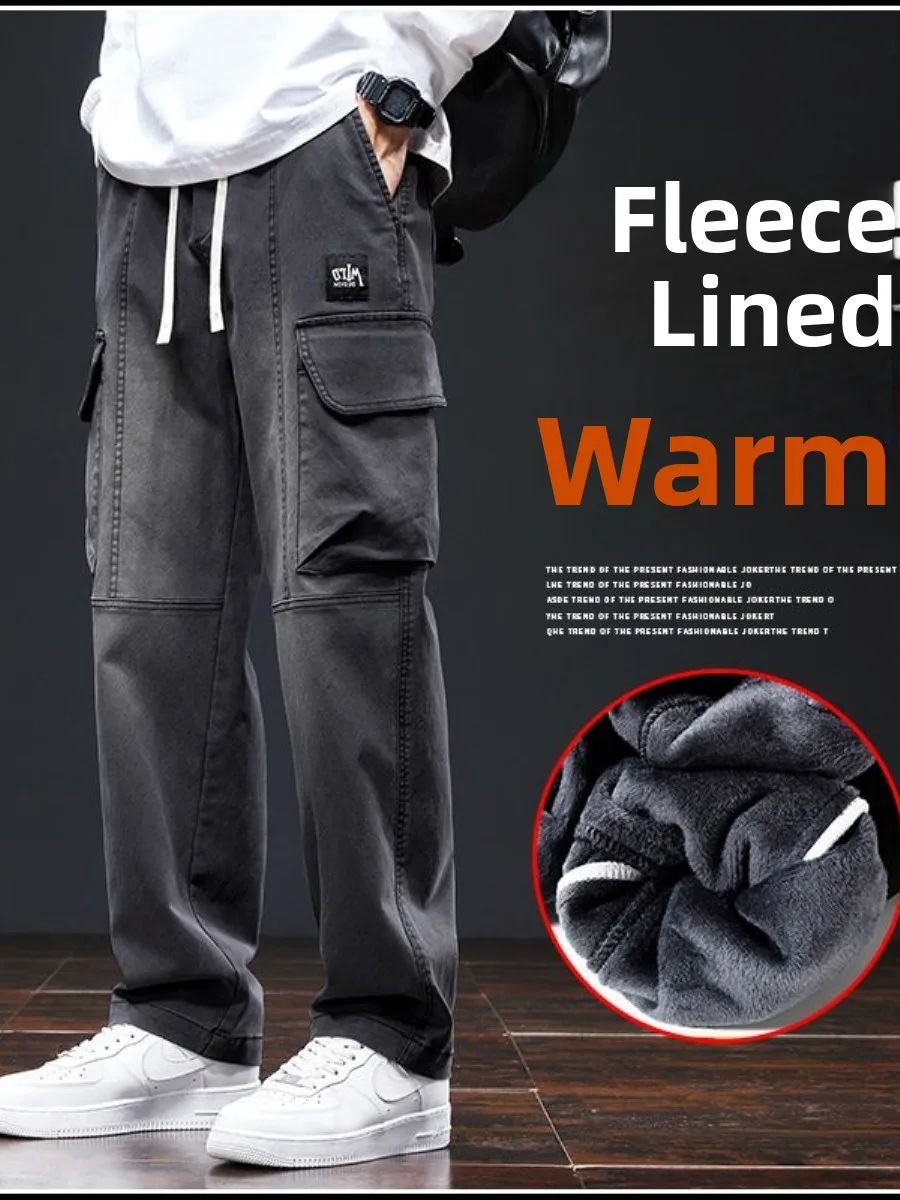 

Thiened Fce Lined Workwear Pants Men's Autumn Winter New Trend Straight Loose American Denim Wide Leg Pants Casual Trousers
