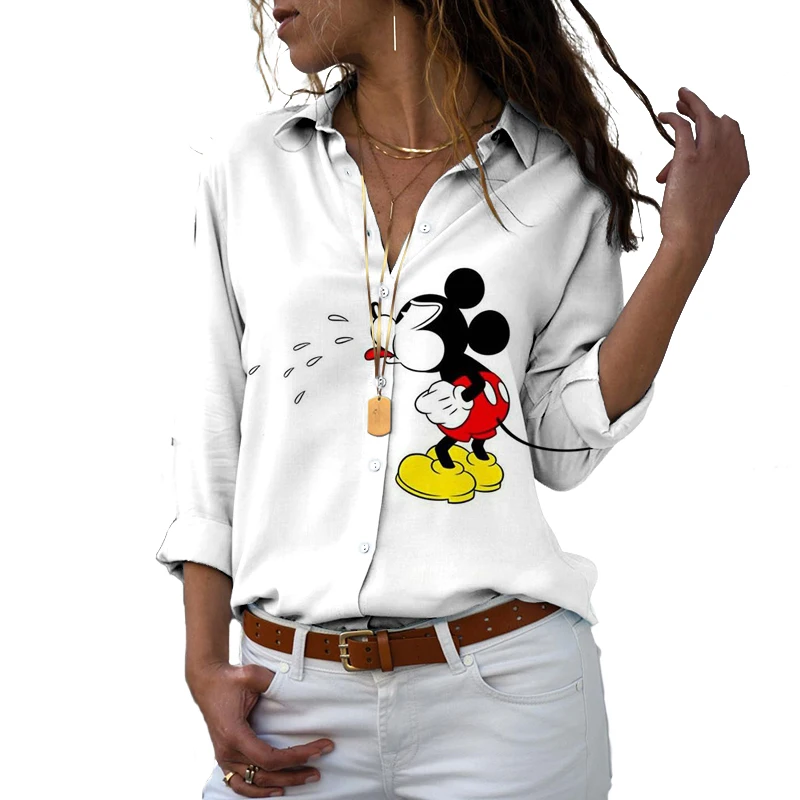 Novo 2022 disney harajuku ajuste fino 3d impresso botão feminino para baixo manga longa lapela mickey minnie casual bonito camisa