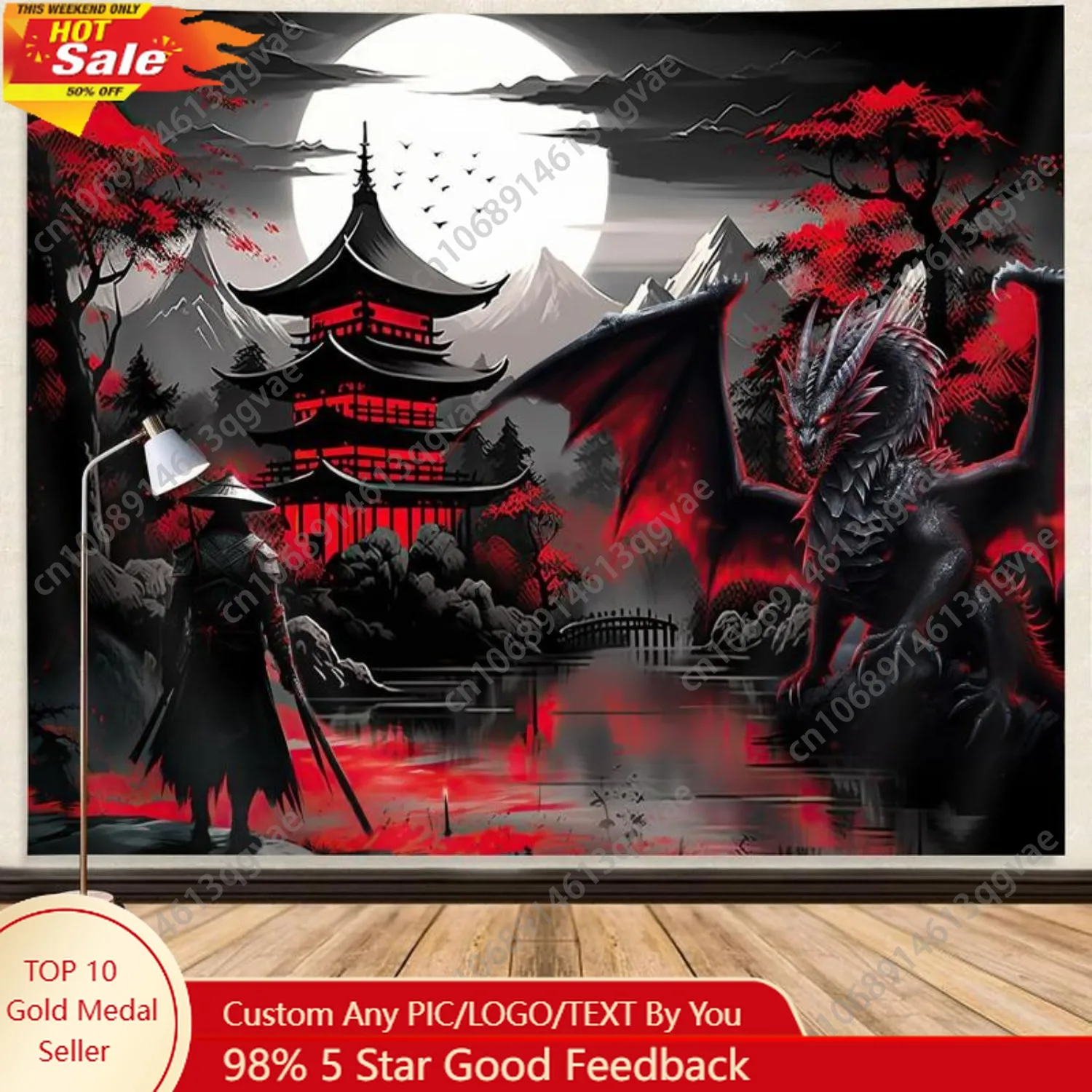 

Anime Samurai Tapestry Cool Red and Black Medieval Fantasy Dragon Tapestry Wall Hanging for Men Mountain Custom Decoration