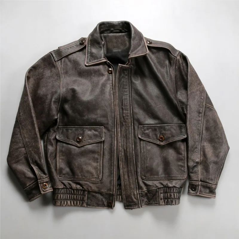 New vintage top-grain cowhide leather casual motorcycle hand-stitched short style