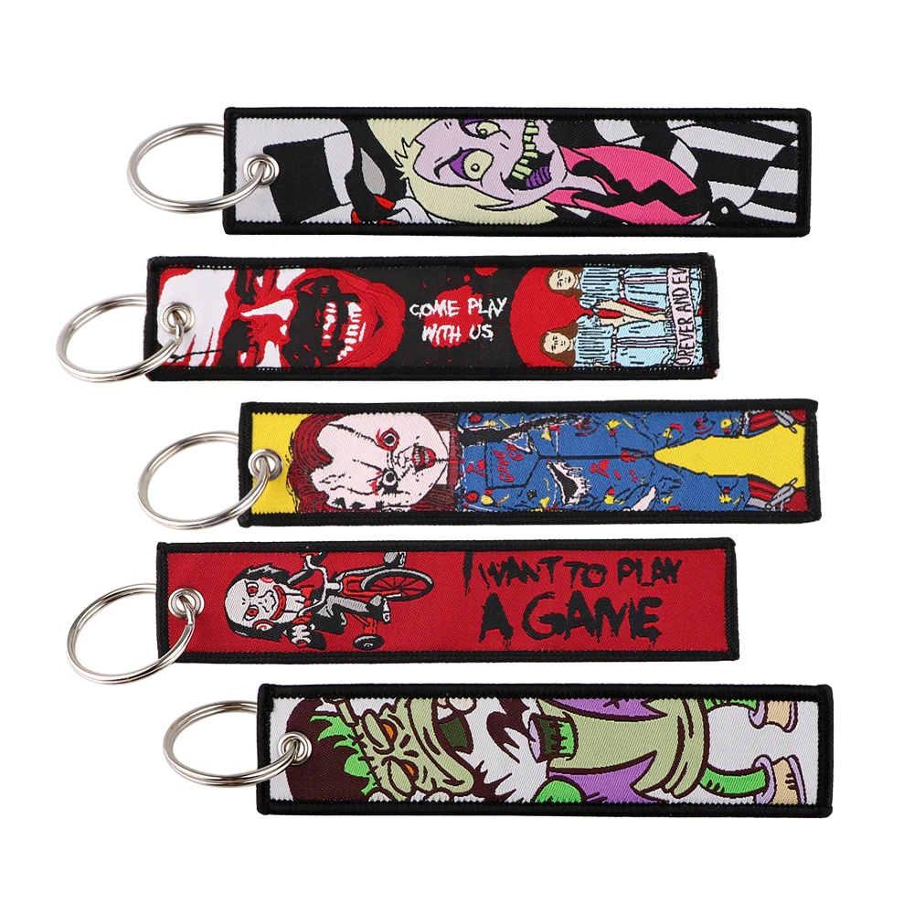 

Украшения на Хэллоуин, брелок для ключей из фильма ужасов, брелок для ключей для мотоциклов, брелок с вышивкой, крутые аксессуары для ключей