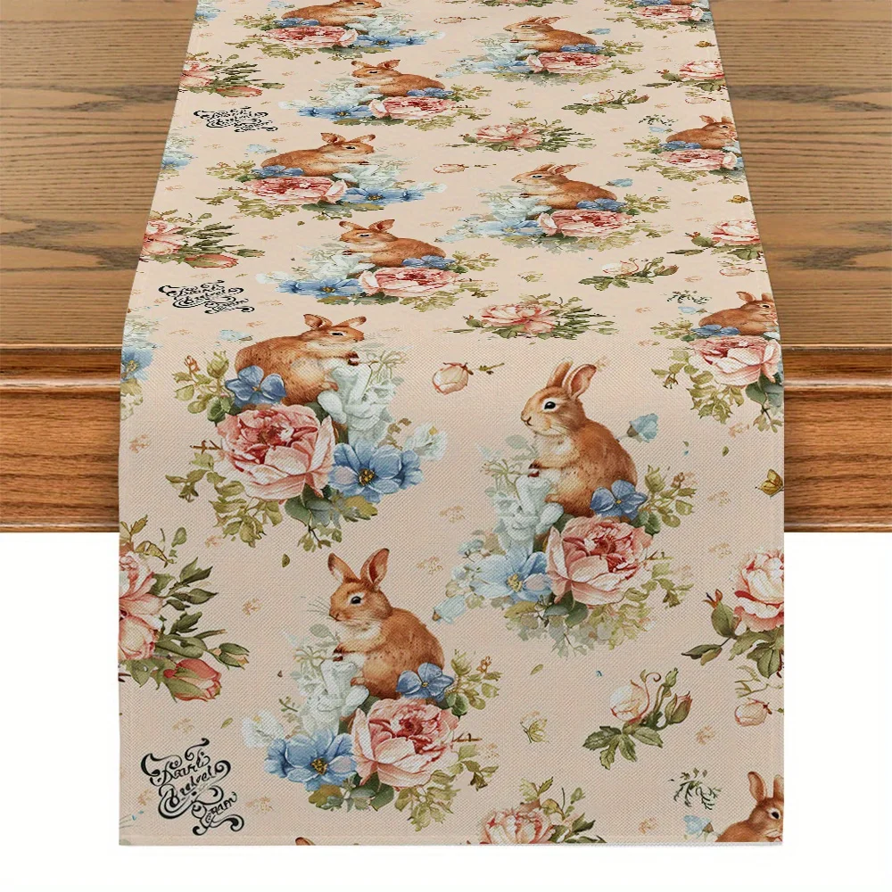 Woven Bunny Strawberry Rose Table Runner - 1PC Rectangular Home Kitchen Restaurant Party Dining Decor