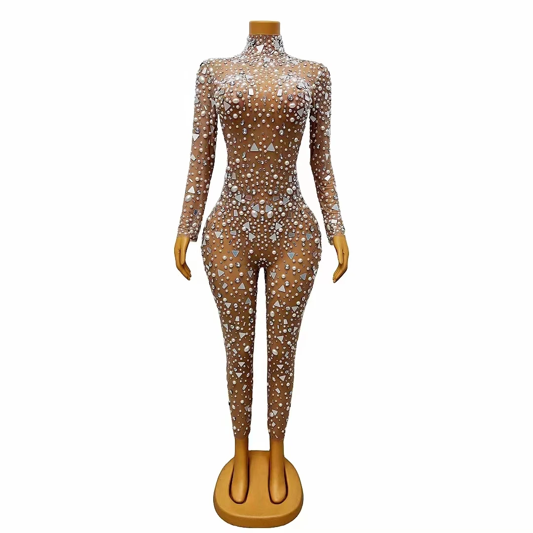 Women Sexy Tight Bodysuit Translucent Pearl Crystal Mirror Rhinestones Jumpsuit Party Nightclub Costume Performance Rave Outfit