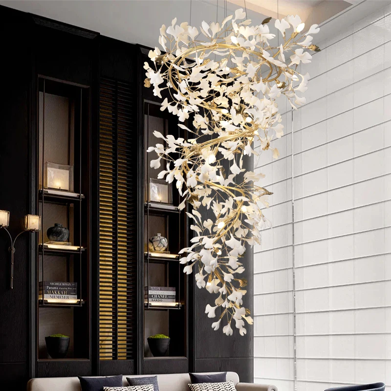 Ginkgo Leaf Staircase Chandelier For High Ceiling Loft Porcelain Leaves Hanging Chandelier Lights For Stairway Living Room Foyer