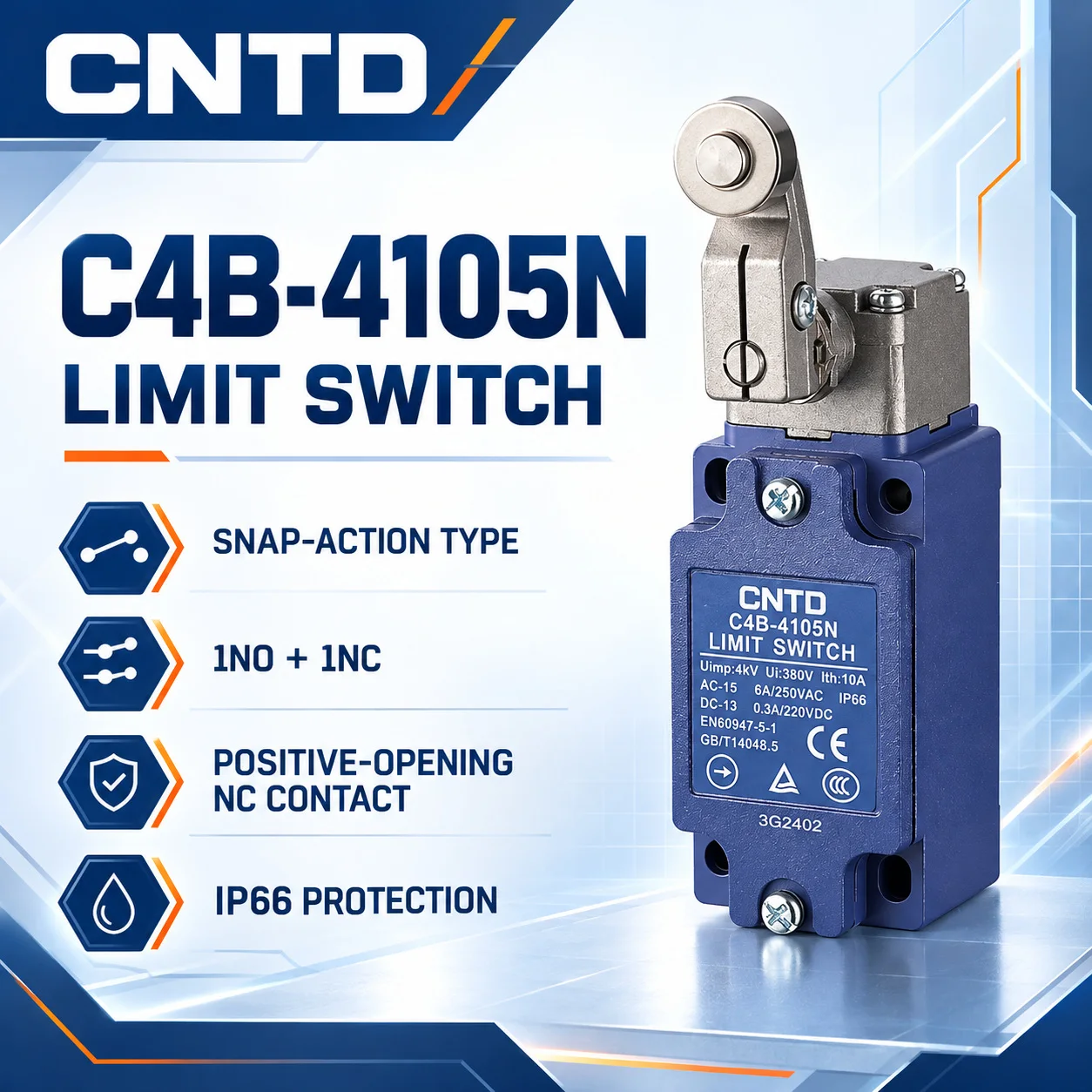 Safety Limit Switch, CNTD C4B‑4105N metal housing 1NO1NC forced disconnect contact, 10A 250VAC IP65, position trigger sensor