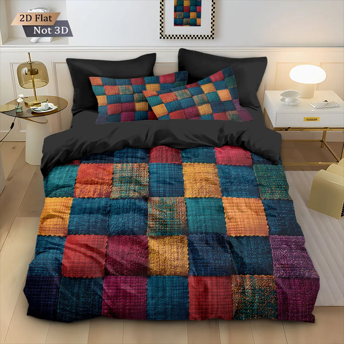3pcs Color Block Splicing Printed Coreless Down Duvet Cover Set, Multi Size Bedroom Bedding Decoration, Machine Washable