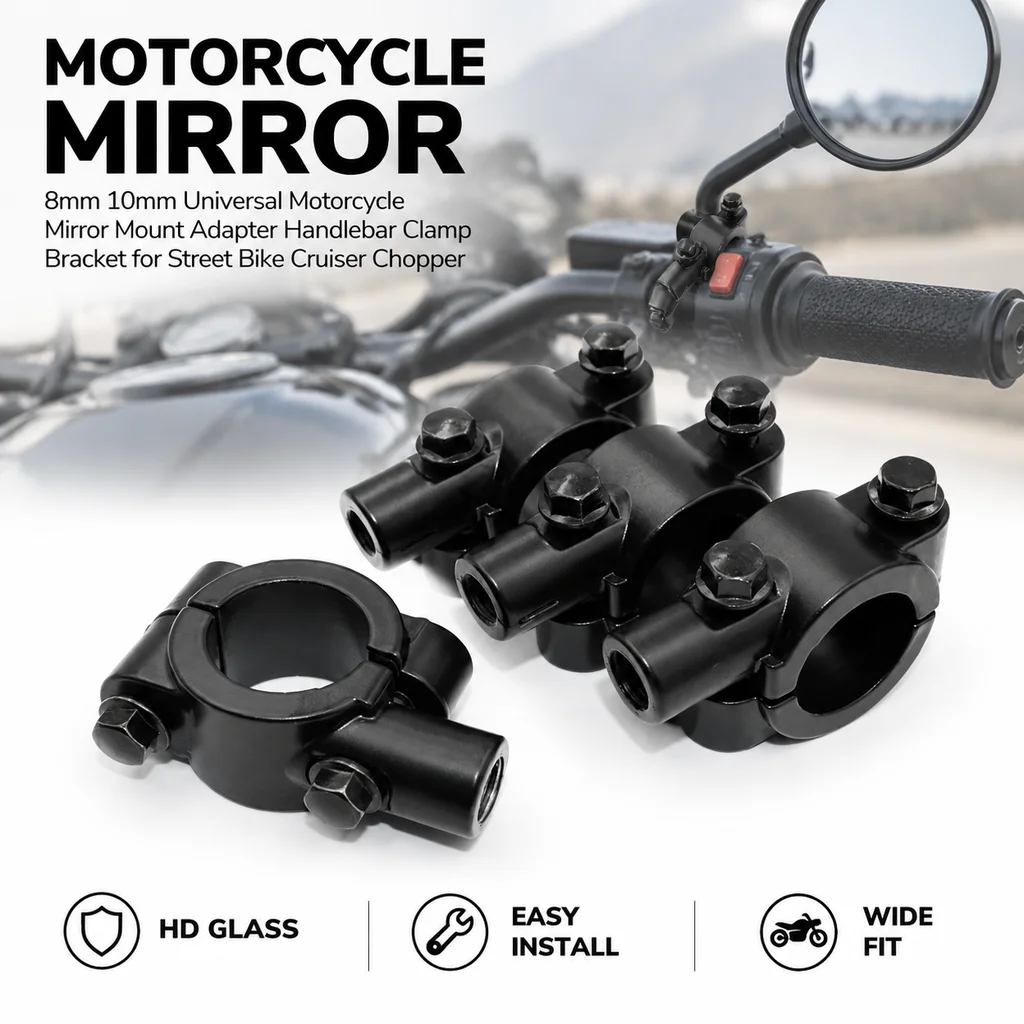 8mm 10mm Universal Motorcycle Mirror Mount Adapter Handlebar Clamp Bracket for Street Bike Cruiser Chopper Rearview Side Mirror