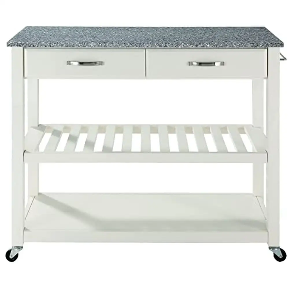 Mobile Kitchen Cart Granite Top Locking Casters Metal Frame White Wood Drawers Wine Storage Shelf