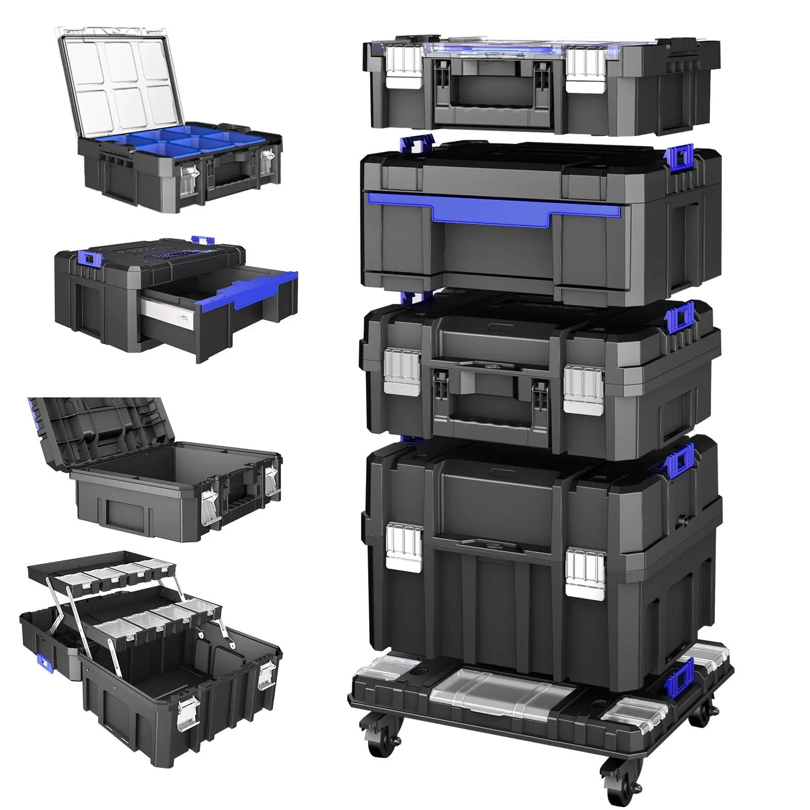 4 Tier Stackable Rolling Tool Box with Wheels | Modular Tool Organizer Box Storage System | Portable Tool Box with
