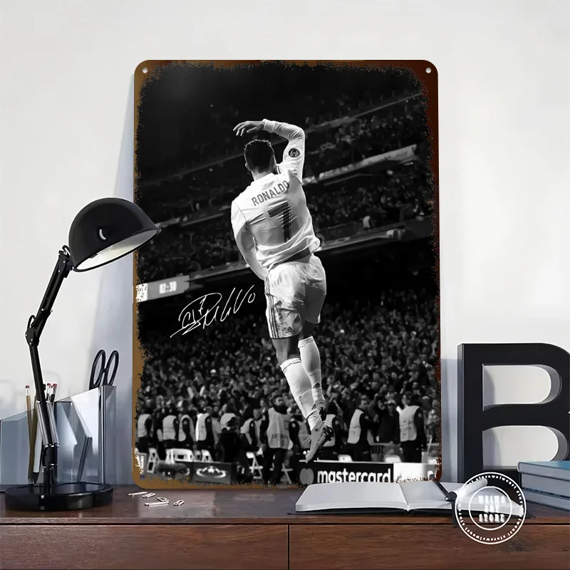 Messi Soccer Ronaldo Poster Customized Wall Art Vintage Metal Signs Retro Tin Plaque for Man Cave Home Decor Living Room House