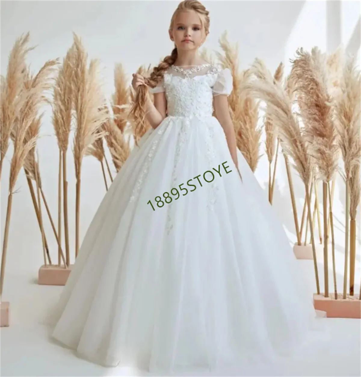 Abiti classici da ragazza di fiori bianchi manica corta elegante abito da ballo in raso da principessa per bambini festa di compleanno vestito da prima comunione