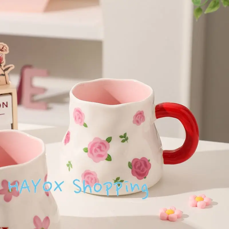 Pink Flower Mug French Irregular Shape Hand-painted Underglaze Color Mug Ceramic Coffee Cup Breakfast Milk Mug Wedding Gift