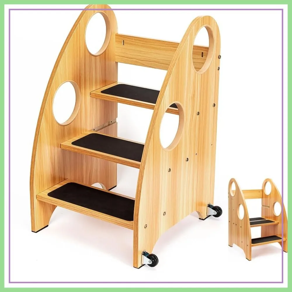 

Kids Step Stool with Wheels & Safety Handles, 3-Tier Wooden Toddler Tower, Convertible Chair, Non-Slip Steps, 350 lbs Capacity