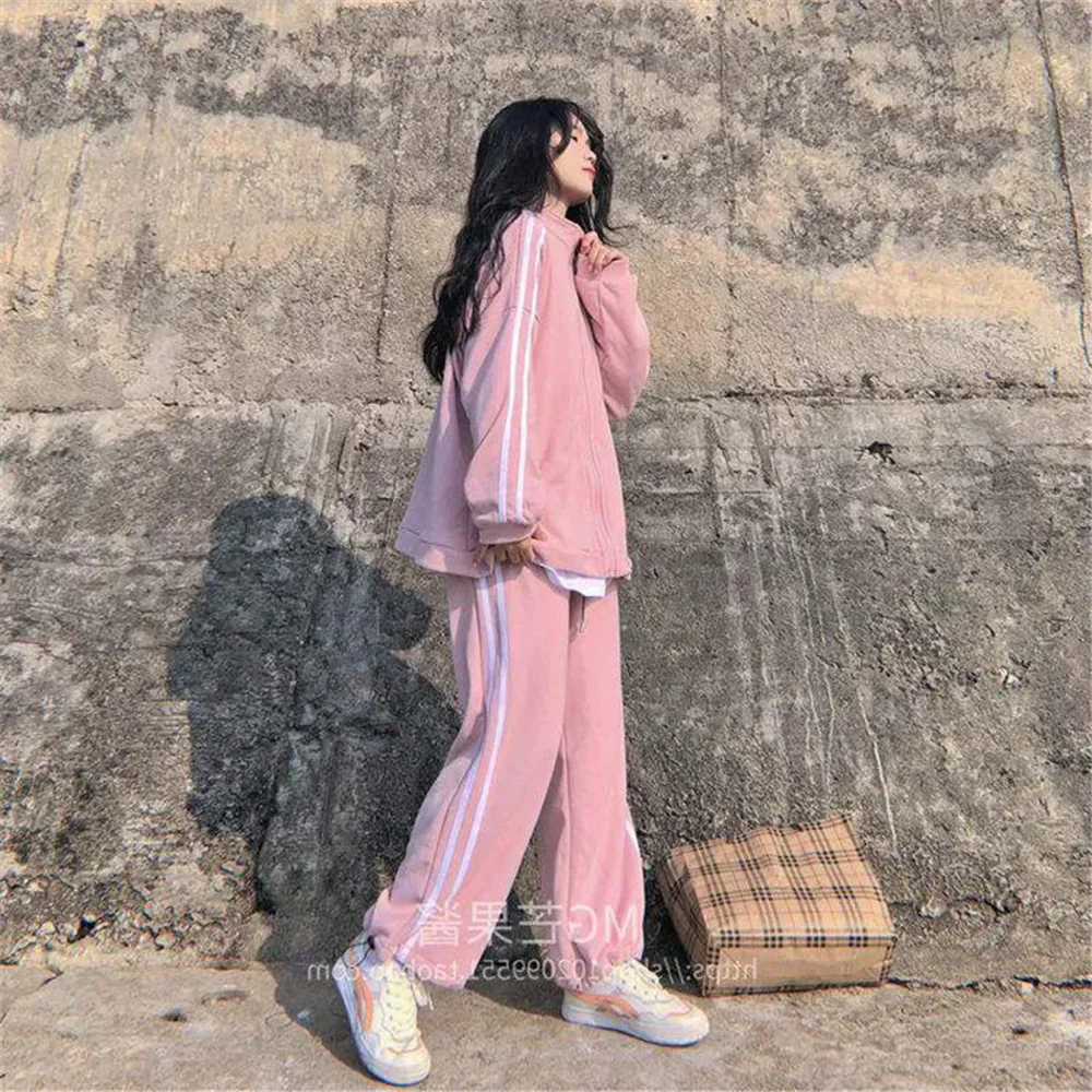 Women Street Set Sportswear Casual Suit Female Pink Korean Trend Loose Simple Student Small Two-Piece Suit Spring Autumn fashion