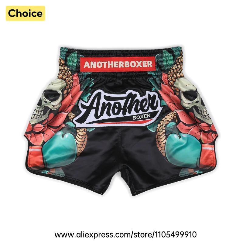 Skull Print Muay Thai Shorts Satin Elastic Waist Side Split Fight Trunks Unisex Men Women Lightweight Boxing Kickboxing Pants