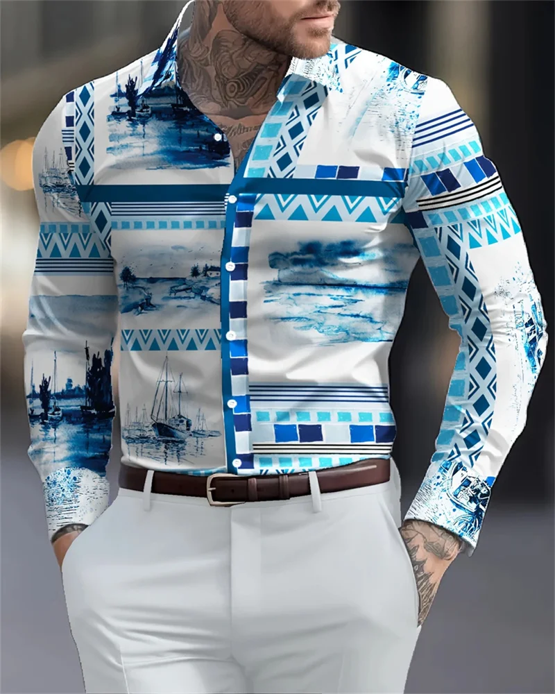 New Men's Striped Print Long Sleeve Shirt Social Dress Hawaiian Elegance Classic Time New Collection