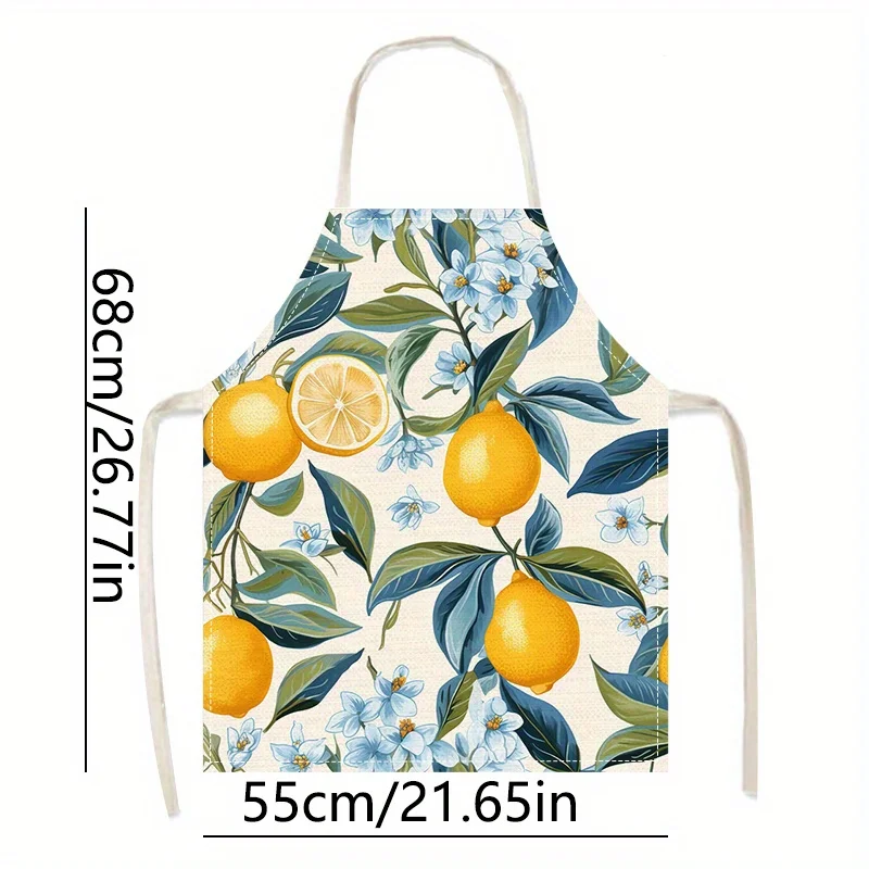 1pc Linen Apron with Lemon and Blue Flower Print Fresh Style Kitchen Cooking Baking Apron Durable for Women Home Use