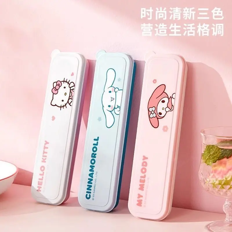Anime Cartoon Kawaii Sanrio 2026 Hello Kitty Melody Cinnamoroll Portable Student Tableware Suit Stainless Steel Chopsticks Spoon view 2