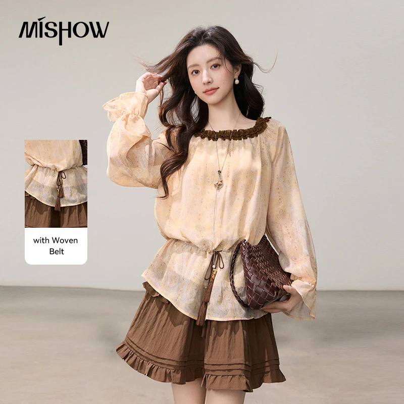 MISHOW Women's Vintage Beige Paisley Chiffon Blouse Ruffle Collar Drawstring Waist Flare Long Sleeve Top for Summer MXF16X2565