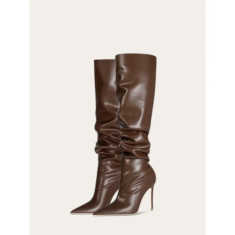 

Women Stacked Knee High Boots Coffee Brown Leather Pointed Toe Heeled Boots