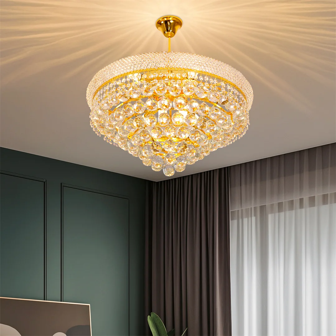Gold Crystal Chandelier Luxury Round Pendant Light with Adjustable Chain 3 Color Modes for Dining Living Room Entryway