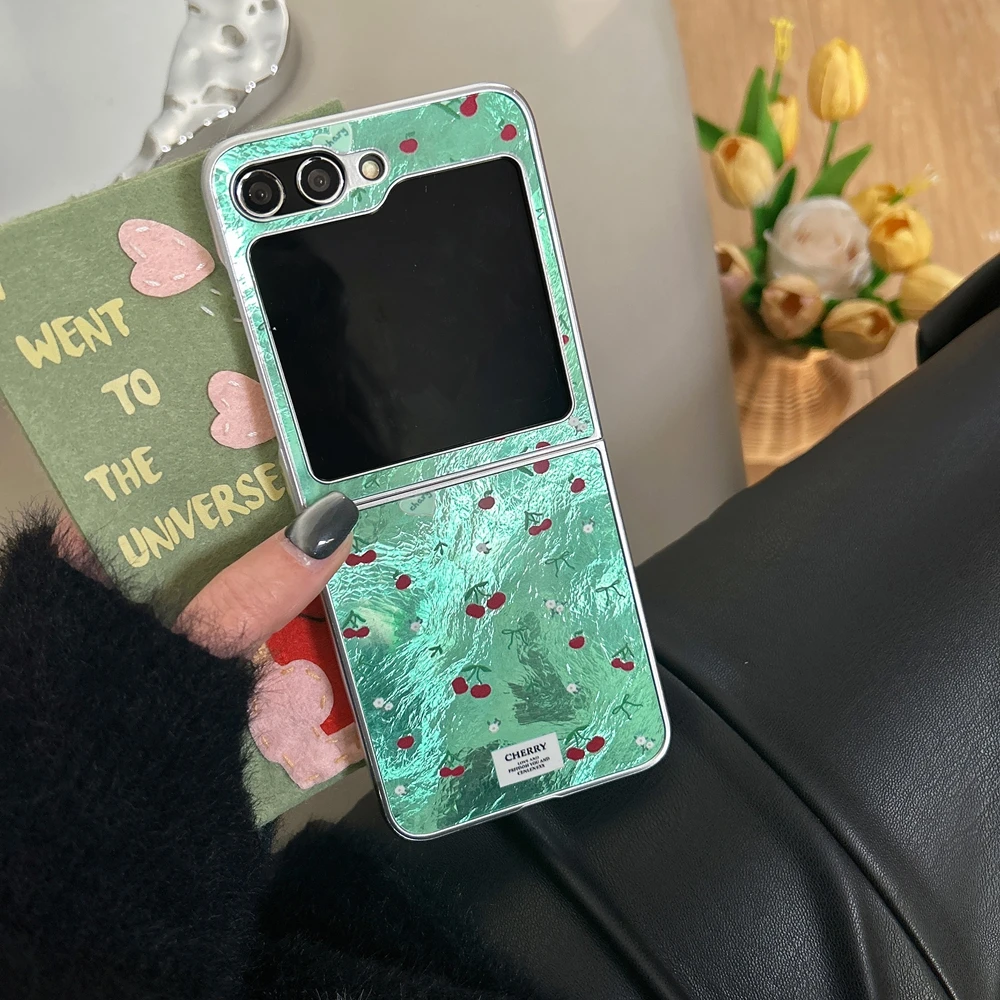 For Samsung Galaxy Z Flip 6 5 4 3 Case with Red Cherry Blossom & Green Grass - Shockproof Luxury Glitter Phone Cover For Girl