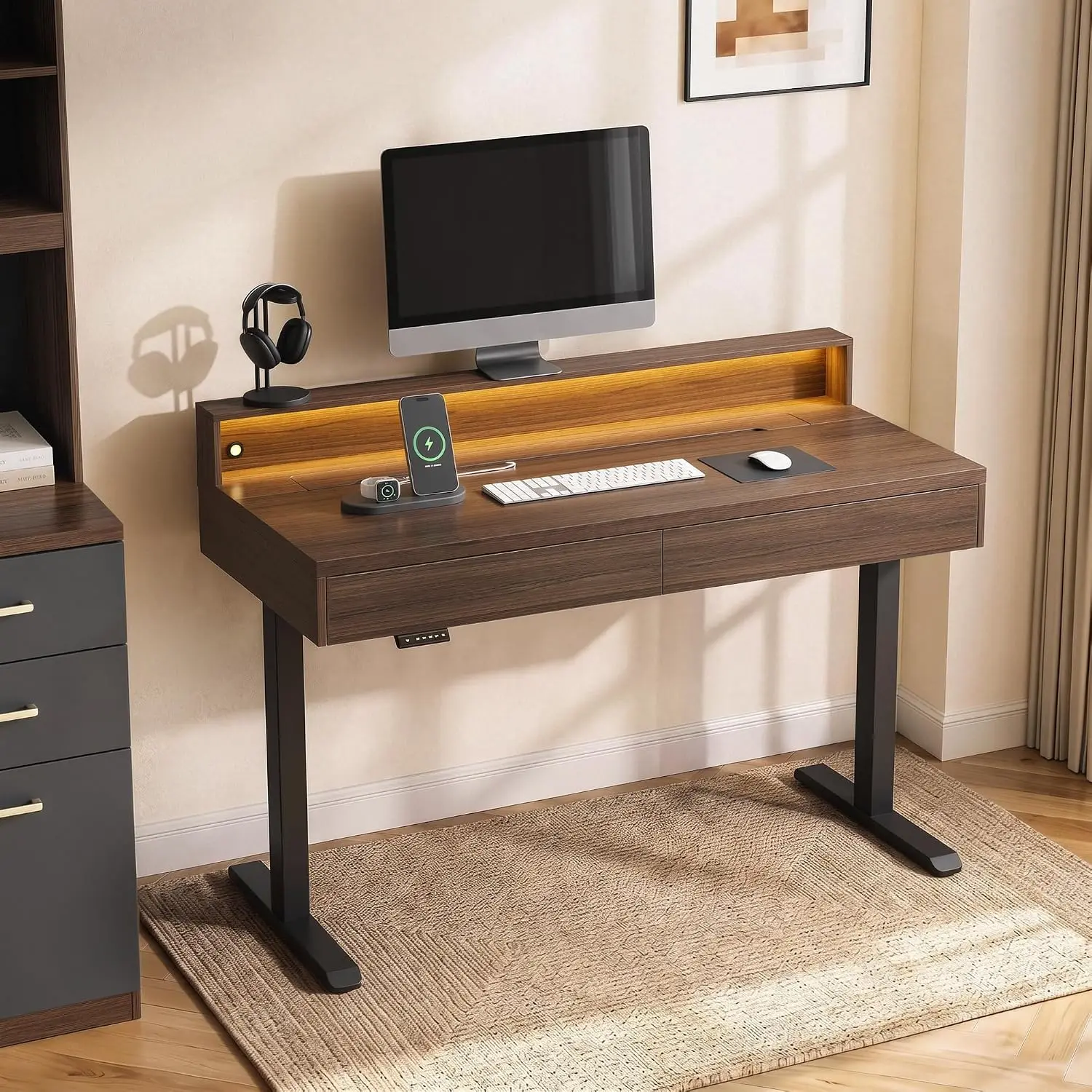 Electric Height Adjustable Desk with Drawers & Hidden Storage, Motion Light, Power Outlet, Monitor Shelf, 55 Inch, Customized