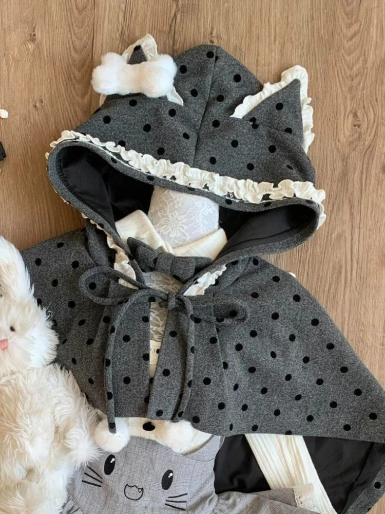ชุดกระโปรงน่ารักสไตล์คาวาอี้สำหรับฤดูใบไม้ร่วงและฤดูหนาว ผู้หญิง ลายจุด ผ้าคลุมไหล่ + เสื้อเซ็กซี่แบบสาวฮอต + กระโปรงมินิเค้กน่ารักสไตล์ Y2k ชุด 3 ชิ้น ใหม่