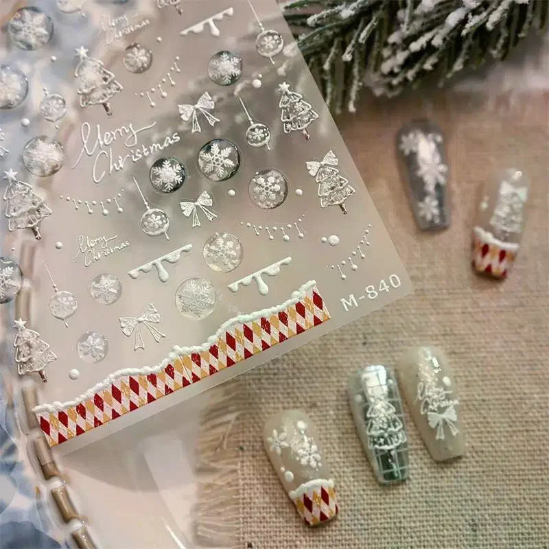 Leuke kerststijl witte kerstboom sneeuwvlok nail art stickers rode strik nail art print reliëf sticker feestelijke nagel decor