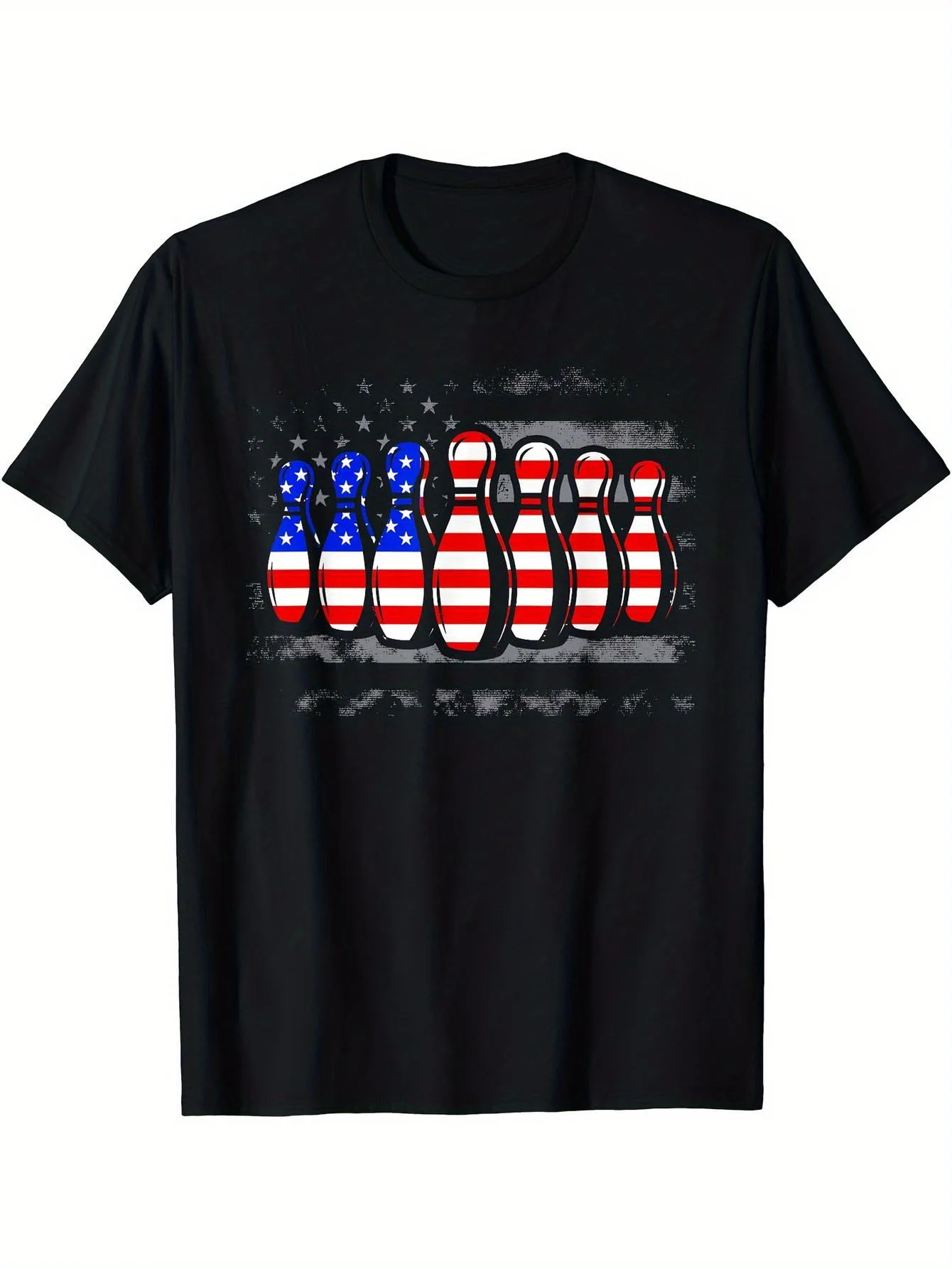 Men'S USA Bowling T-Shirt with Patriotic Design - Features American Flag And Bowling Pins - Black Vintage Style for Independence Day, 4Th of July, And Bowling Events - Adult Wear, Machine Washable, Classic Round Neck, Bright Digital Print