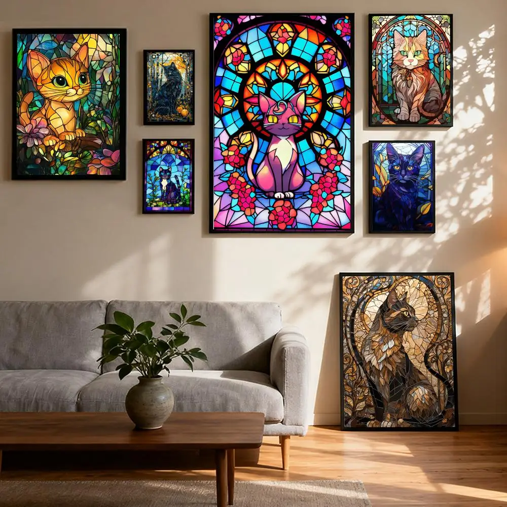 

Stained glass cat Poster Prints Canvas Painting Wall Art Picture Living Room Home Decor Tracklist Music Album Cover
