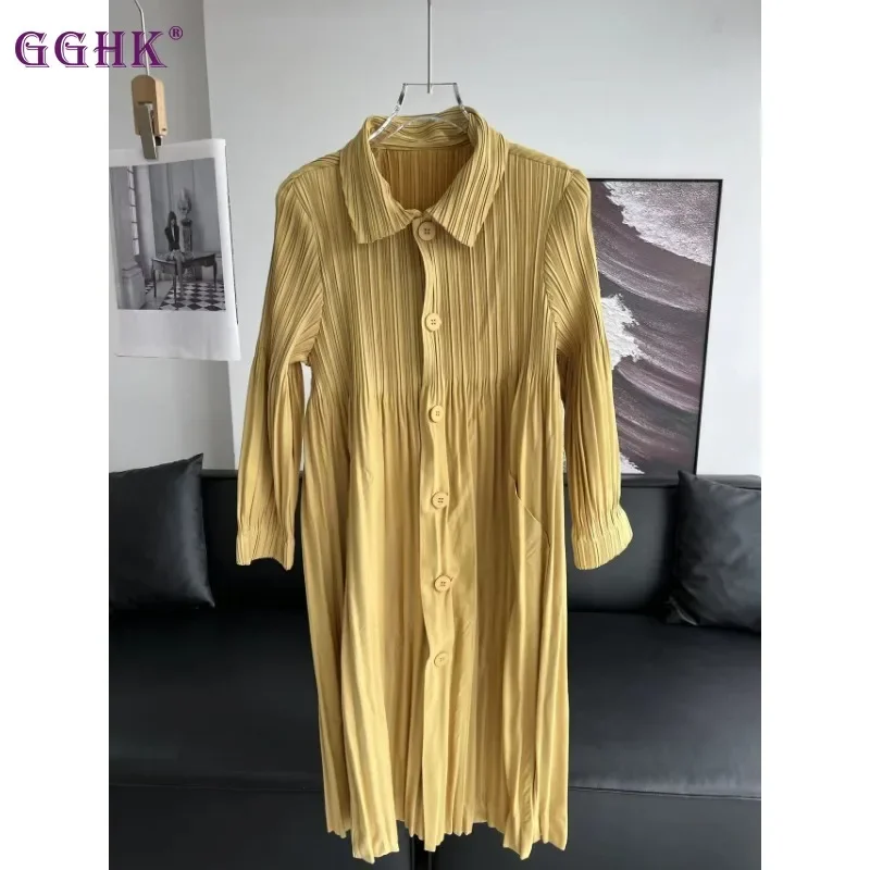 

GGHK Pleated Women Long Jacket 2024 Autumn and Winter New Solid Color Classic Retro Design Korean Fashion Female Jacket