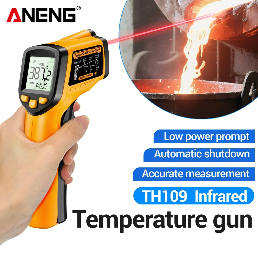 

Инфракрасный термометр -50~400°C ° Бесконтактный лазерный термометр ANENG TH109 с ЖК-дисплеем и гигрометром для промышленного и бытового использования, для барбекю