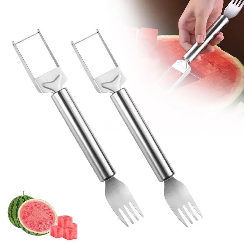 Upgraded 2in1 Stainless Steel Fruit Cutter, Watermelon Fork Slicer Cutter, Dual Head Fruit Forks Slicer Knife with Round Handle