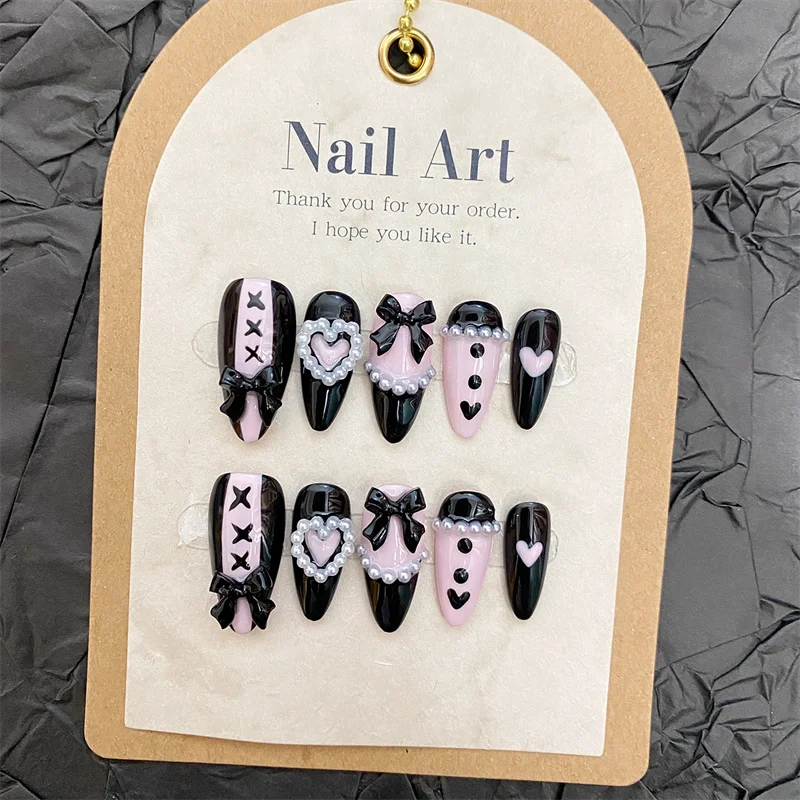 

Sweet Cool Style Babes Lace Bow Nail Patch Handmade Fake Nails Almond Full Cover Wearing Nail Piece Finished Product Detachable