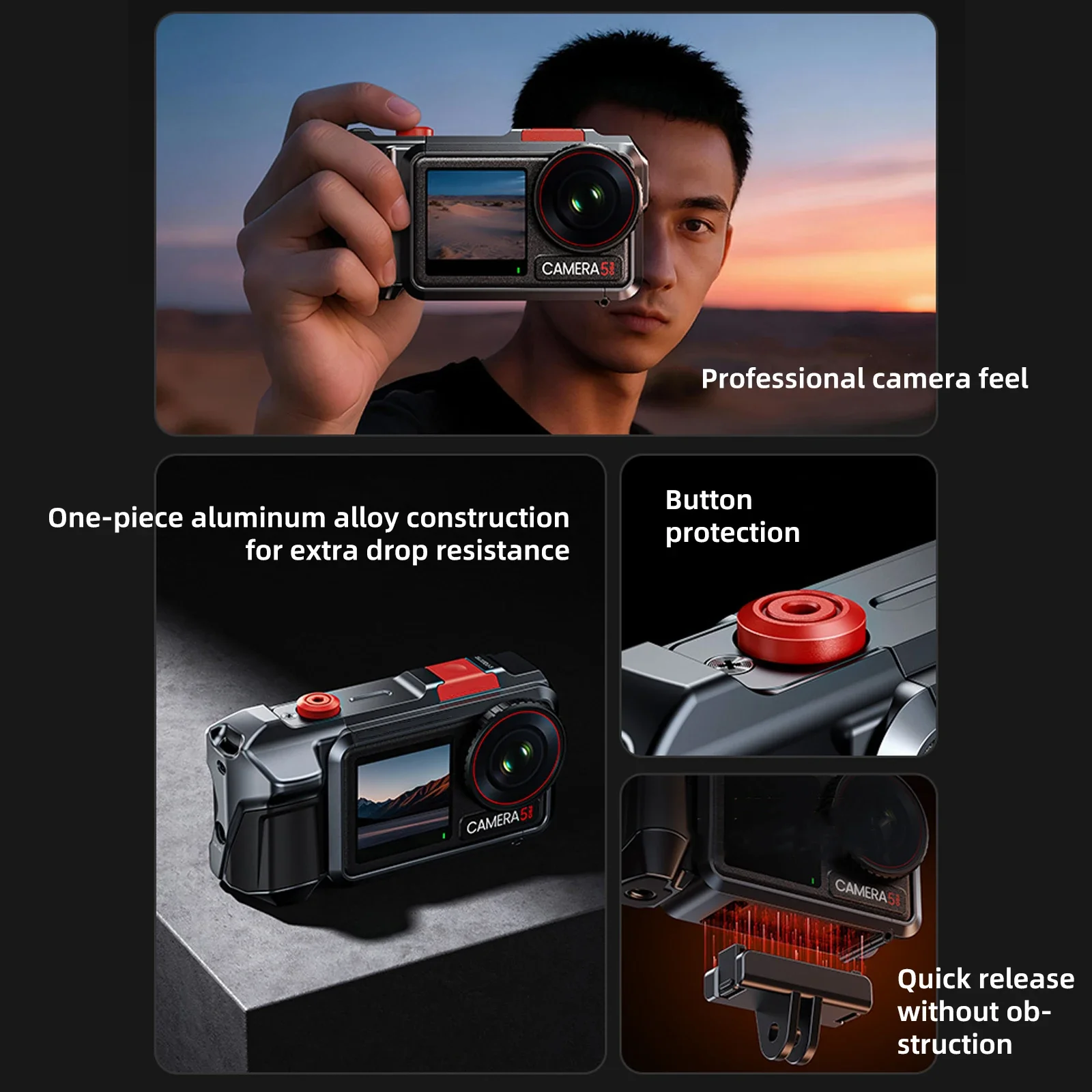 Klatka operatorska do DJI Action 3/4/5/6 Pro Insta360 Ace Pro 2, aluminiowa obudowa ochronna z mocowaniem Cold Shoe — zdjęcie produktu 4