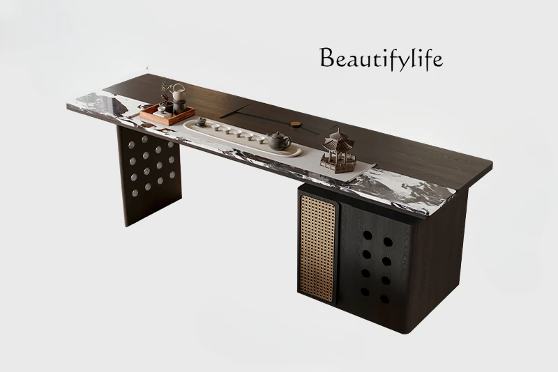 

High-end solid wood tea table medieval family marble balcony ash wood tea table