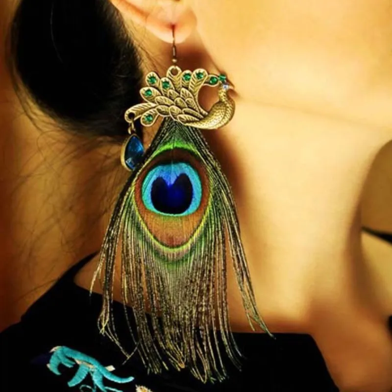 1PC Boho Style Peacock Feather Earings - eye jewellery birds dangle evil eye amulets warding witch wiccan pagan natural nature