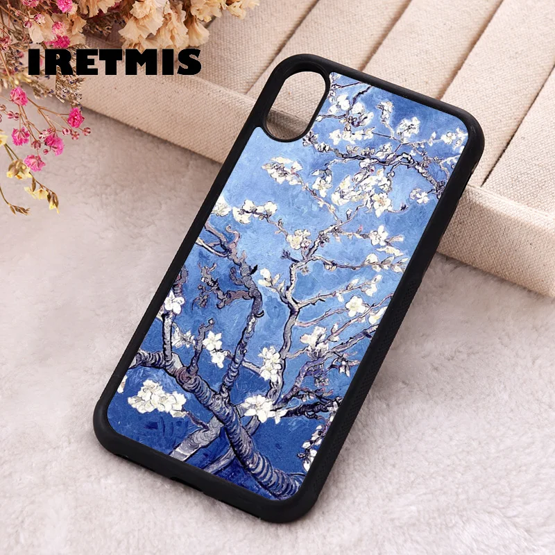 Iretmis Phone Cover Case For iPhone X XS Max XR 11 12 13 PRO MINI 14 15 16 Plus Rubber Vincent Van Gogh Almond Blossoms Blue