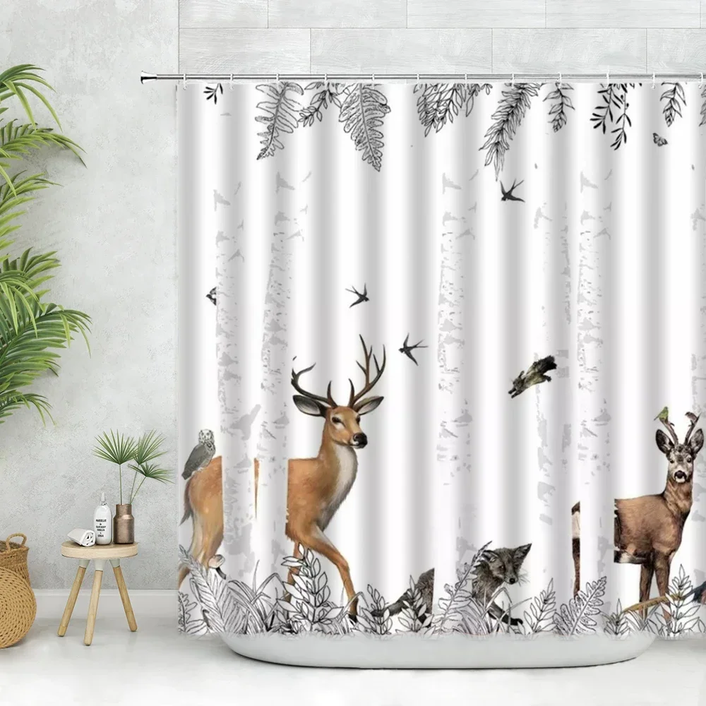 Deer Landscapes Shower Curtains Birch Tree Wildlife Animals Europe-style Scenery Bathroom Decor Polyester Fabric Cloth Washable