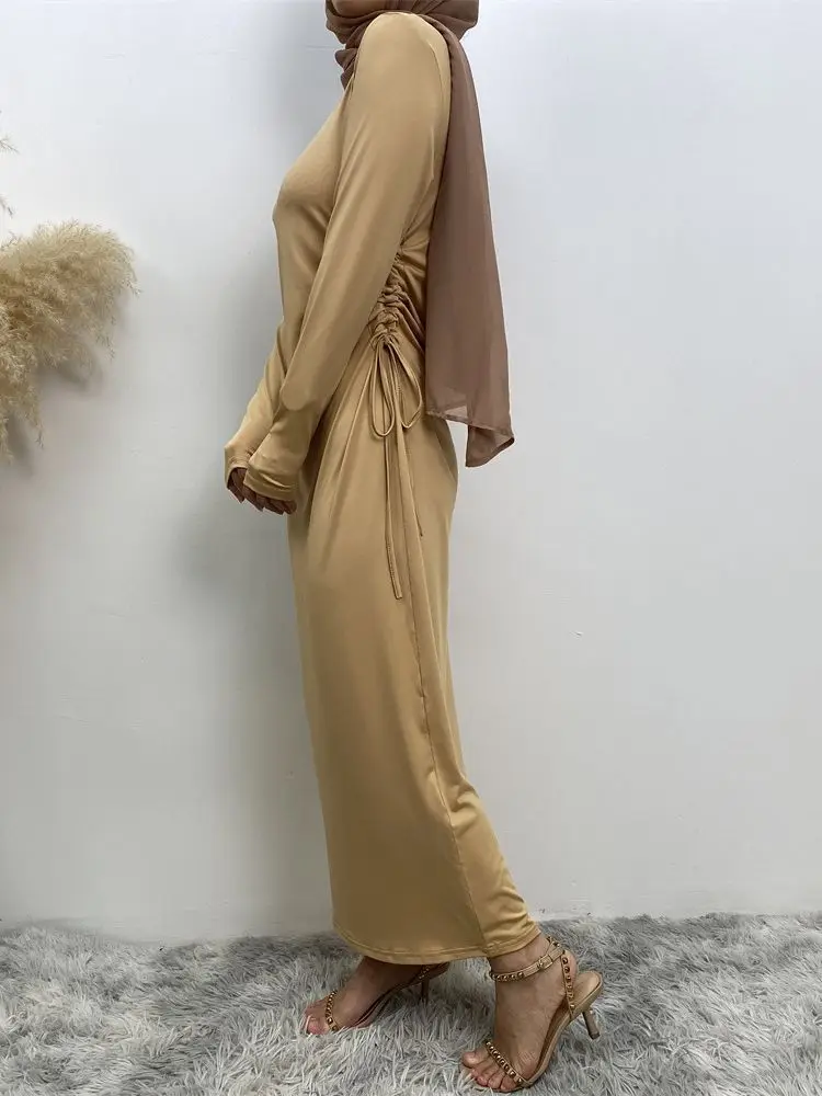 Middle East Dubai Islamic Morocco Ramadan Saudi Arabia Solid Long Sleeve Dress Women's Side Drawstring Bottom Long Gown