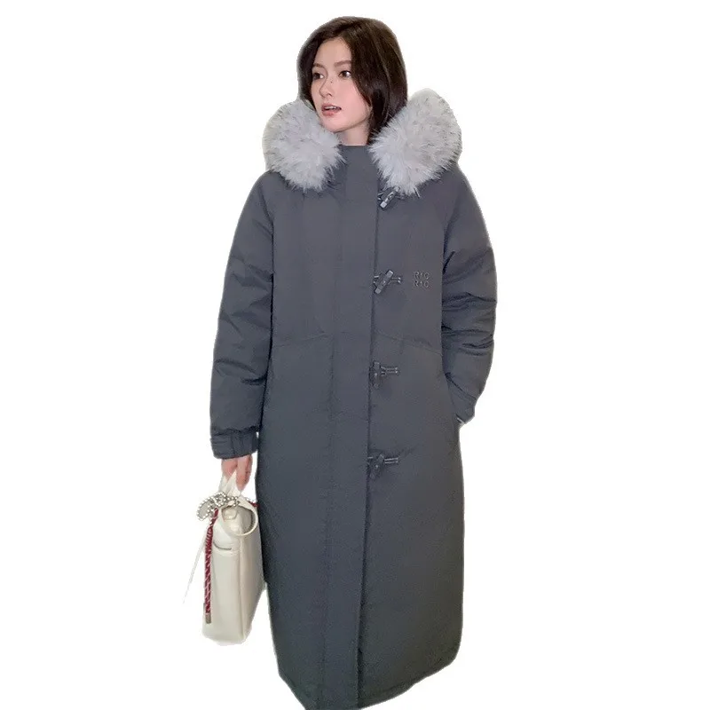 Knee Length Coat Women Parkas Coats Hooded Zipper Jackets Fur Collar Thick Warm Y2k Streetwear Elegant Jacket Autumn Winter 2025