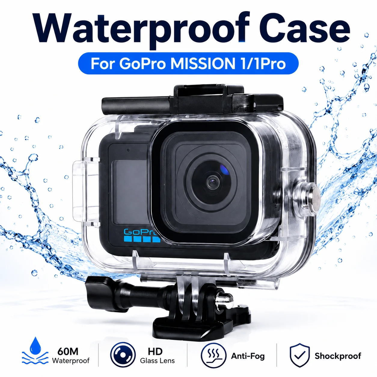 Unterwasser-Wasserdichtes Gehäuse für GoPro MISSION 1 1Pro 60M Tauchgehäuse mit Klarglaslinse, beschlagfrei, Surf-Kamera-Zubehör