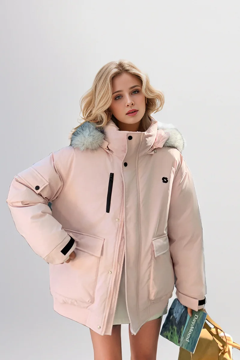 

Cargo Women's Puffer Jacket Winter New Fashionable Hooded Large Fur Collar Solid Color Loose Padded Warm Jacket